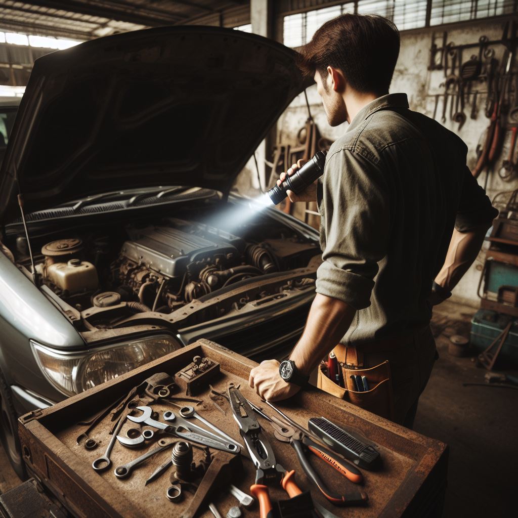 image man working on his car